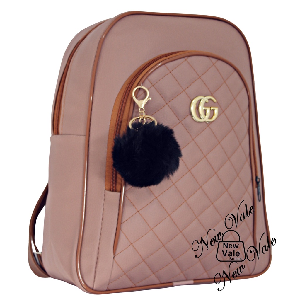 Mochila Mochilinha Bolsa Feminina em Courino Fashion c/ Alças Reguláveis + Lindo Chaveiro Pom pom