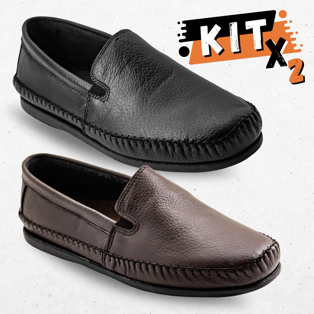 Kit 2 Mocassim Sapatilhas Masculino de Couro Legitimo Confortável Sapatos Ortopédicos