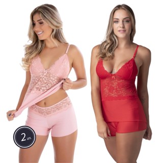 Kit 2 Pijama Baby Doll Microfibra Renda Linha Noite Sensual Roupa De Dormir Feminina Confortável Verão Short Regata Promoção 302
