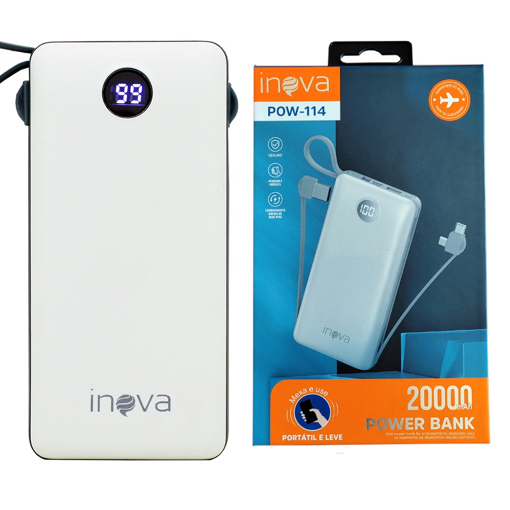 Carregador Portátil Power Bank 20000mAh Universal Com Cabo V8 Lightning e Tipo C - Bateria Externa Carga Rápida