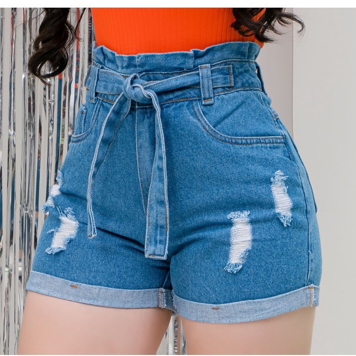 Short Feminino Jeans Curto C Lycra Plus Size Cinto E Fivela