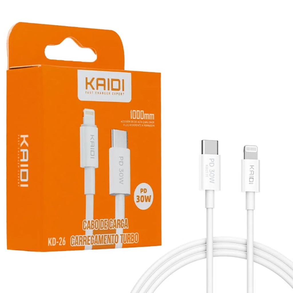 Cabo Carga e Dados Celular Tipo C lightning IOS Turbo PD 30w 1 Metro Kaidi KD-26 Carregador USB Type C Iphone Resistente