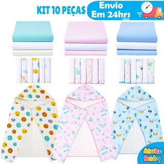 Kit 10 Peças Enxoval Bebe - 1 Toalha de Banho Bebe Forrada + 3 Cueiro Bebe + 6 Paninho de Boca 100% Algodão