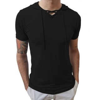 Camiseta Masculina Gola V Com Cordão E Capuz Manga Curta