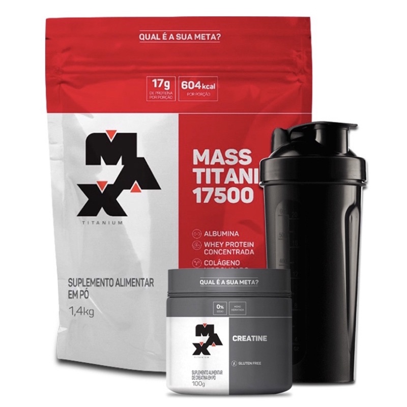 Hipercalórico Mass Titanium 1.4kg + Creatina 150g + Coqueteleira - Max Titanium