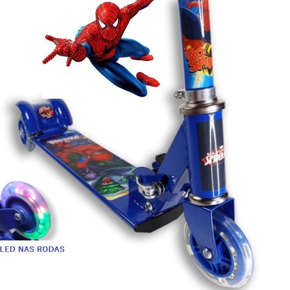 Patinete Infantil Azul  Spiderman Menino Homem Aranha Dobrável de Ferro Com Led Nas 3 Rodas Buzina
