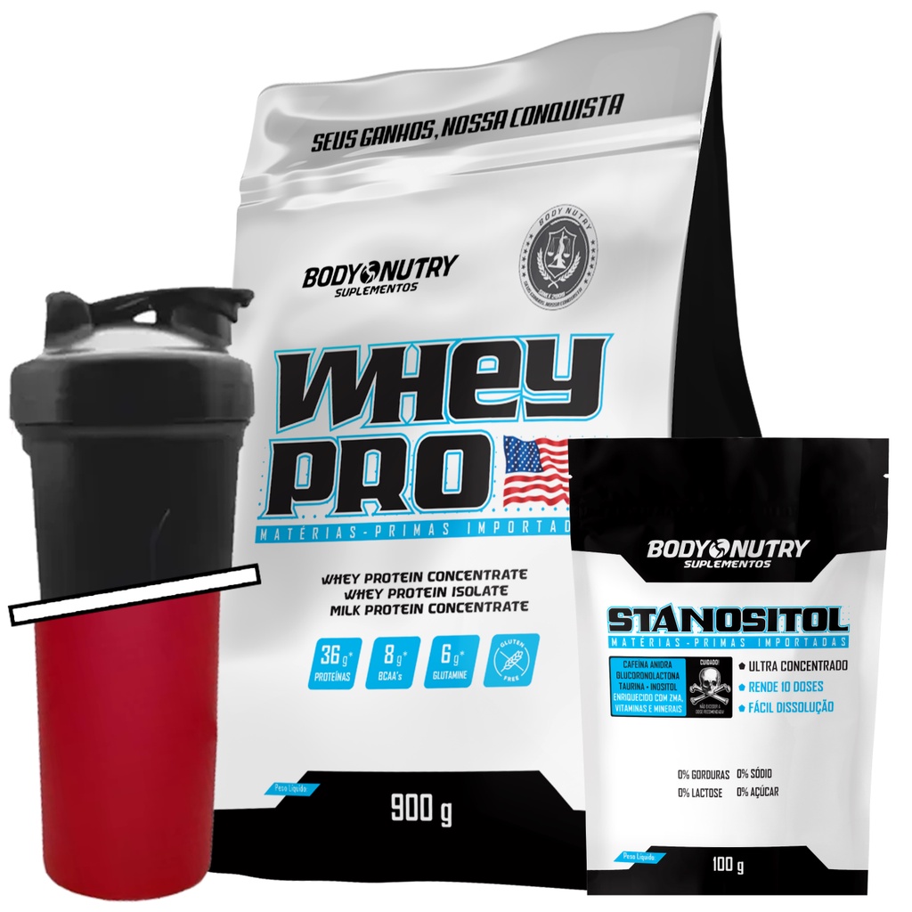 Kit Whey Protein 900g + Pré Treino Stanositol 100g + Coqueteleira