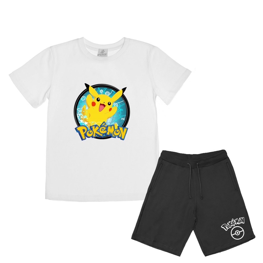 Conjunto Dia das crianças Kit Camiseta e Bermuda Pokemon Pikachu Menino  Infantil Desenho Criana