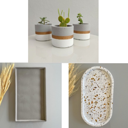 Kit 3 Vasos Decorativo P + Bandeja Retangular Decorativa 25cm + Bandeja Oval Decorativa para Decoração Casa Escritório