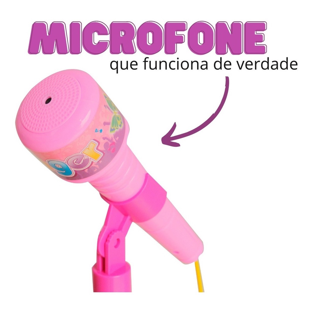 Brinquedo de Microfone Karoke Infantil Sai a Voz e Musical Conecta Celular Com Pedestal