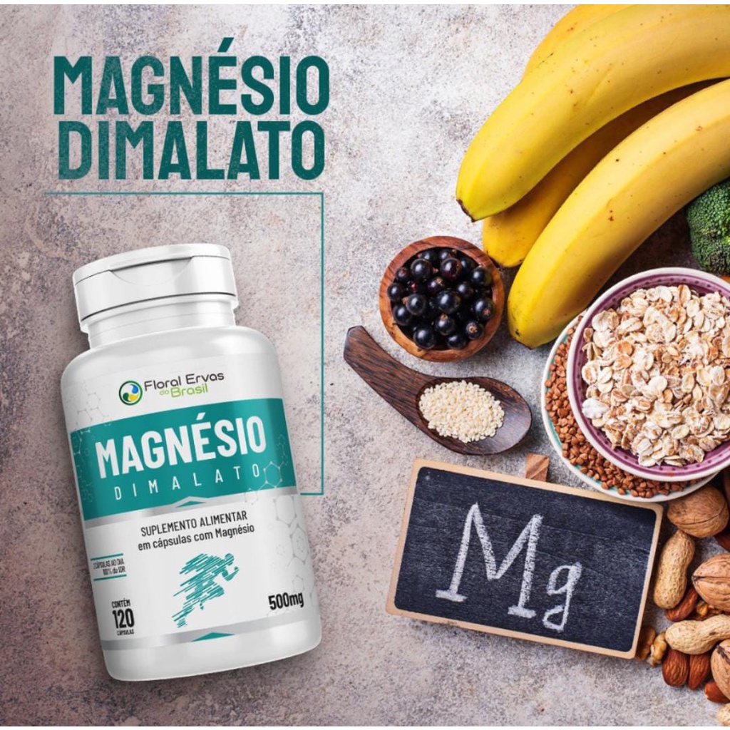 MAGNESIO DIMALATO  Floral Ervas do Brasil  120 Cápsulas 500mg Alta Pureza + Máximo 2 ao dia + Laudo + NF Magnésio