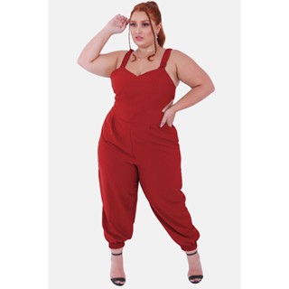 Macacao Plus Size Jogger Skinny Pantacourt Meia Canela com Bojo Costa Nua Laço sem Bolsos Outono/Inverno