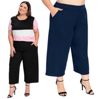 Calça Pantacourt com Bolsos Plus Size Preta Azul Marinho