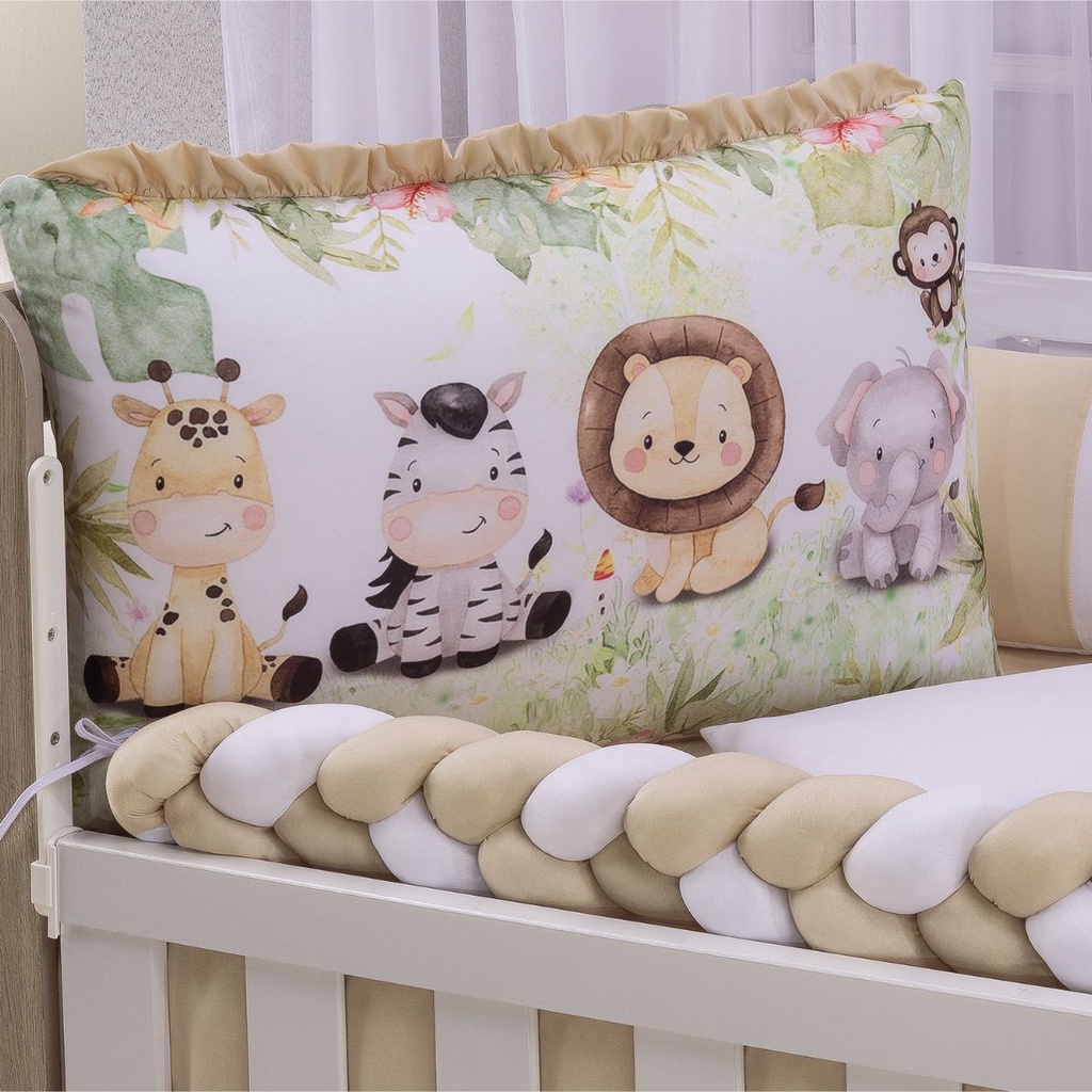 Kit Berço Americano Safari Animais Menino Menina Com Trança e Mosquiteiro 10 Peças