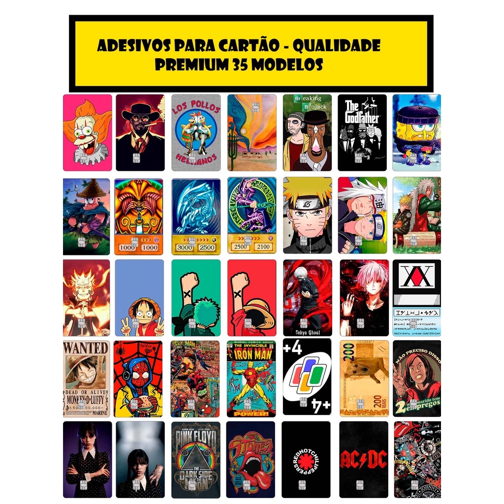 Adesivos para Cartão de Debito e Credito - Yu-Gi-Oh - Hunter x Hunter, Animes, Uno, One Piece, Rock, Wandinha