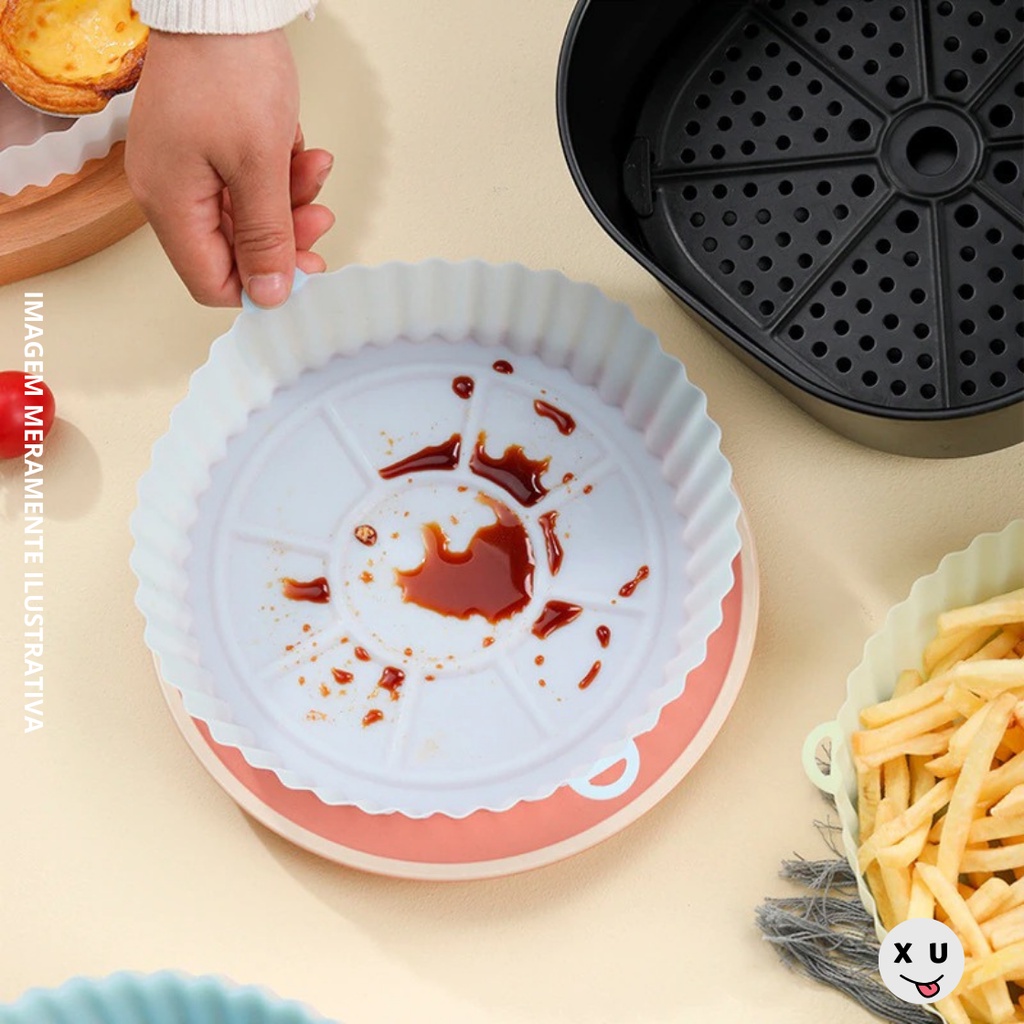 Cesto de Silicone Redondo Air Fryer e Forno Forma para Fritadeira Elétrica com Alça