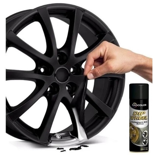 Spray de Envelopamento Liquido Dip Wheel Preto 500ml - Radcolor -  revestimento e  de rodas,  forma uma película, que se necessário pode ser removida facilmente, sem agredir a superfície original. Indicado para revestimento, parcial ou retoques em superfí