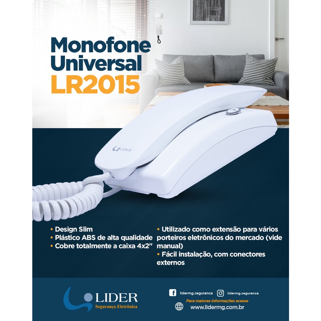 Monofone Universal LR2015 Líder Extensão para Porteiro Eletrônico Interfone Compativel com HDL Thevear Amelco AGL Líder