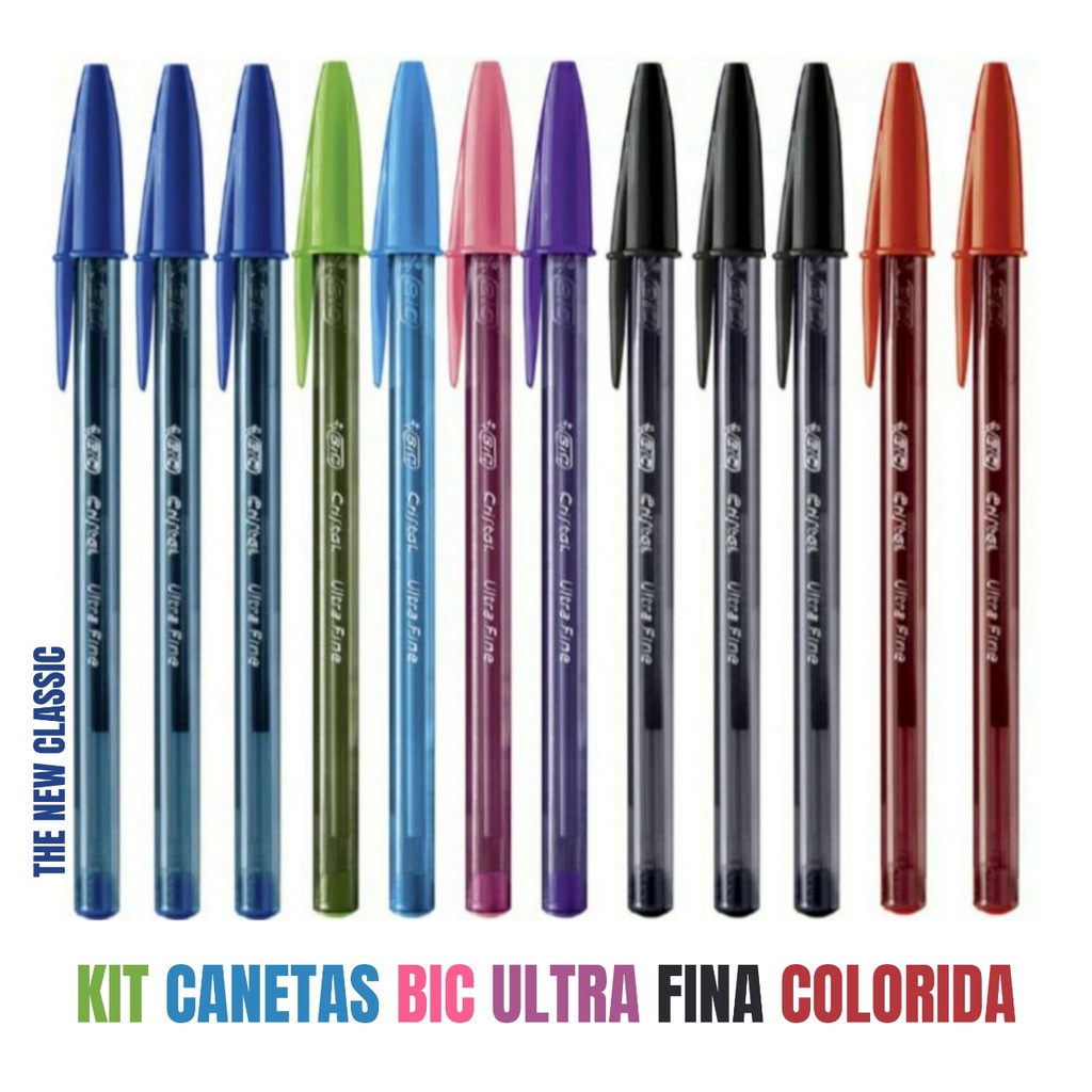 Kit Caneta Ultra Fina Bic Cristal - Azul, Rosa, Roxa, Preta, Vermelha, Verde e Turqueza