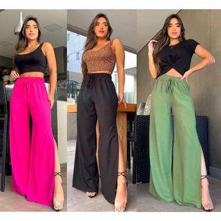 Calça Pantalona Viscose Feminina abertura lateral com forro rosa mel