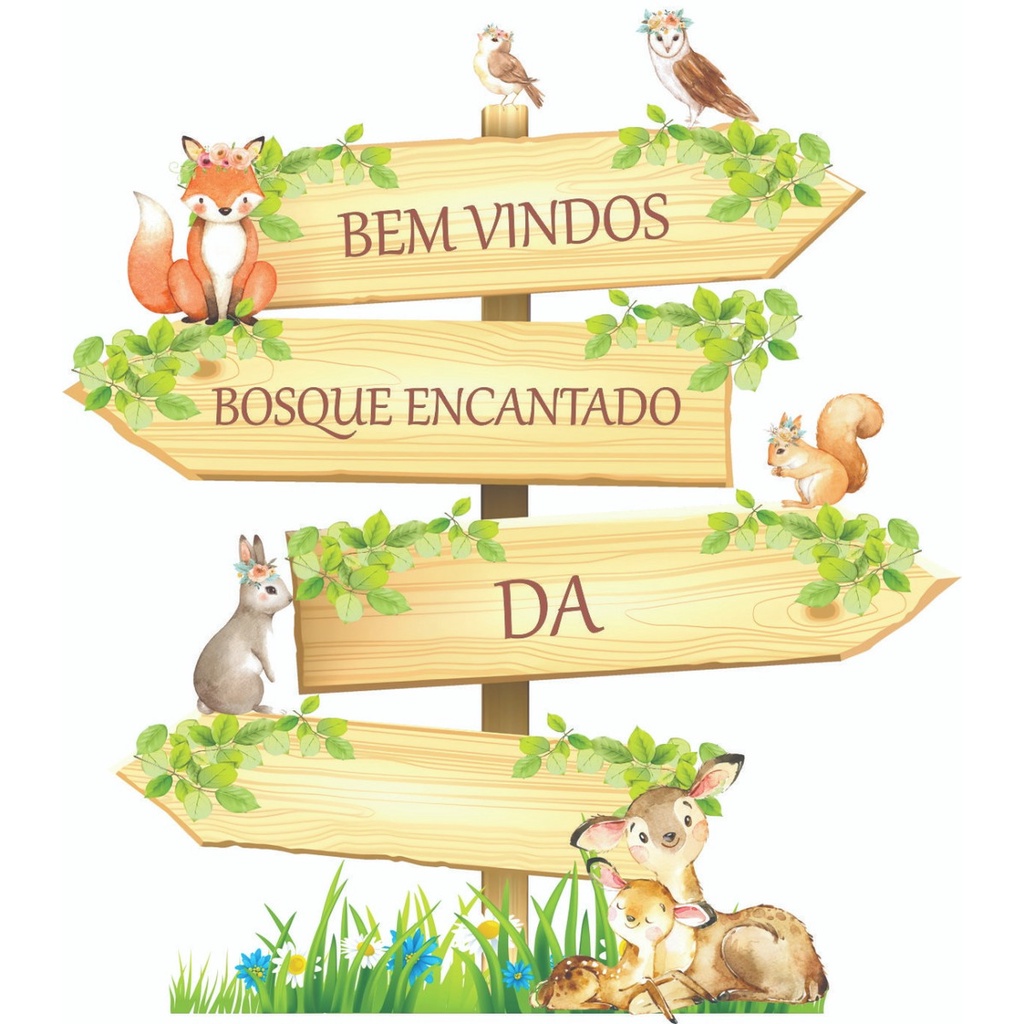 1 display placa seta indicadora mdf cenário bosque encantado personalizado nome decoração festa