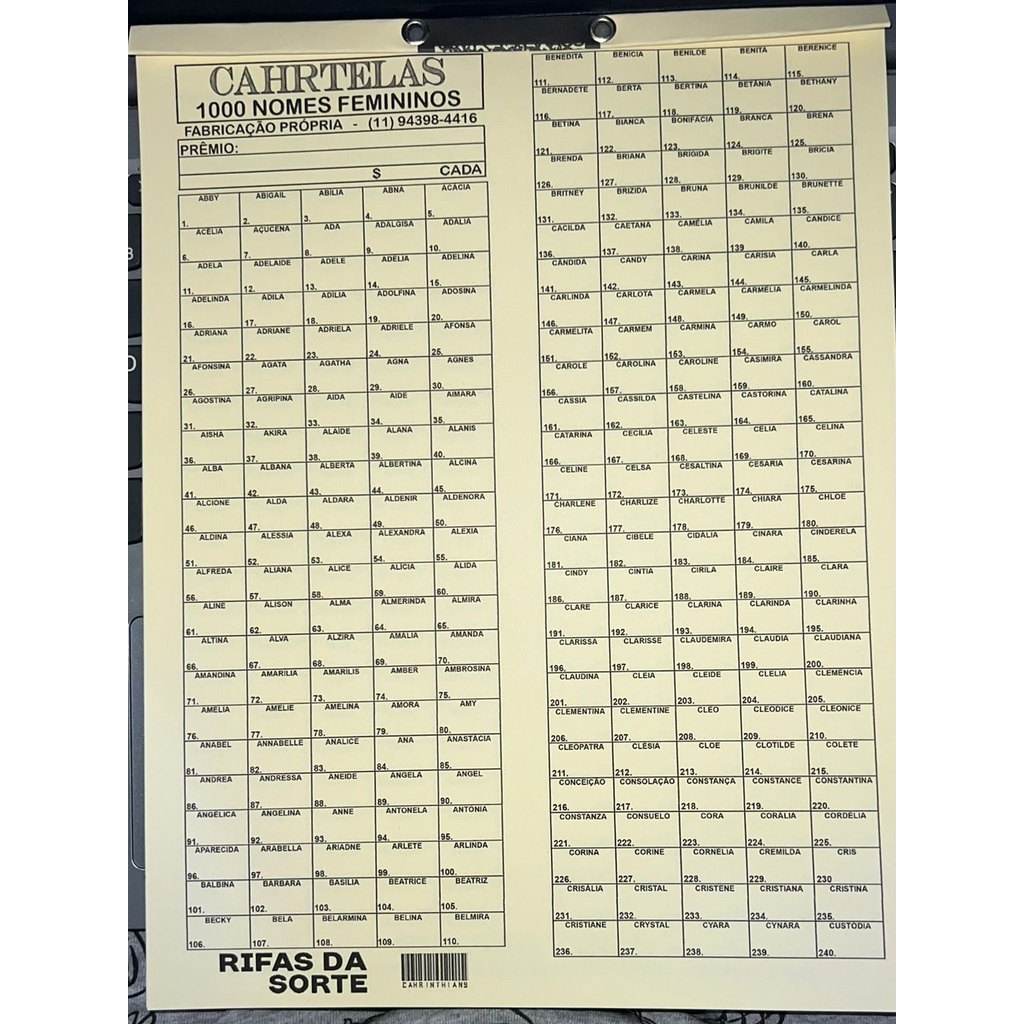 Cartela de rifa 1000 nomes modelo calendário 1 unidade