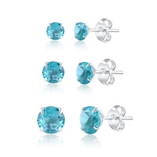 Trio de Brincos de Prata 925 Legítima Zircônia Azul