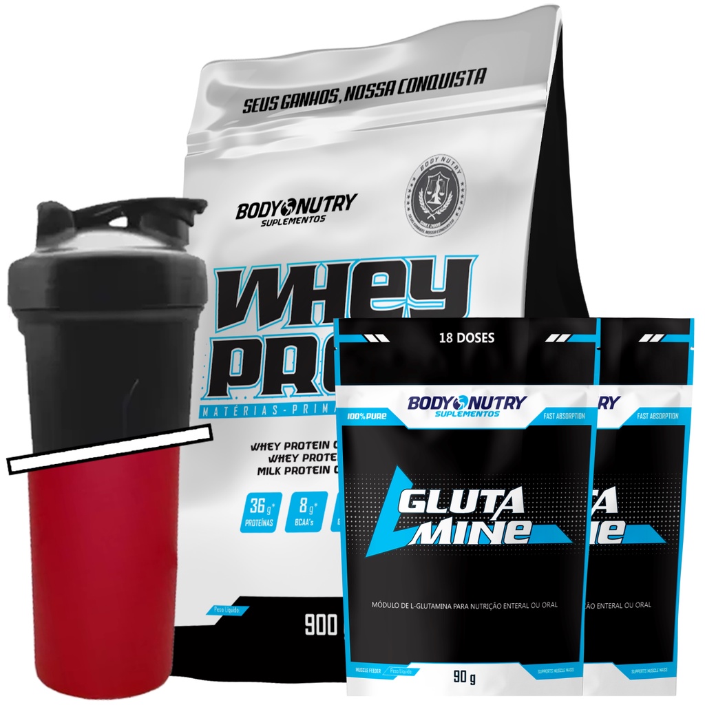 Kit Whey Protein + x2 Glutamina 100% Pura 90g + Coqueteleira