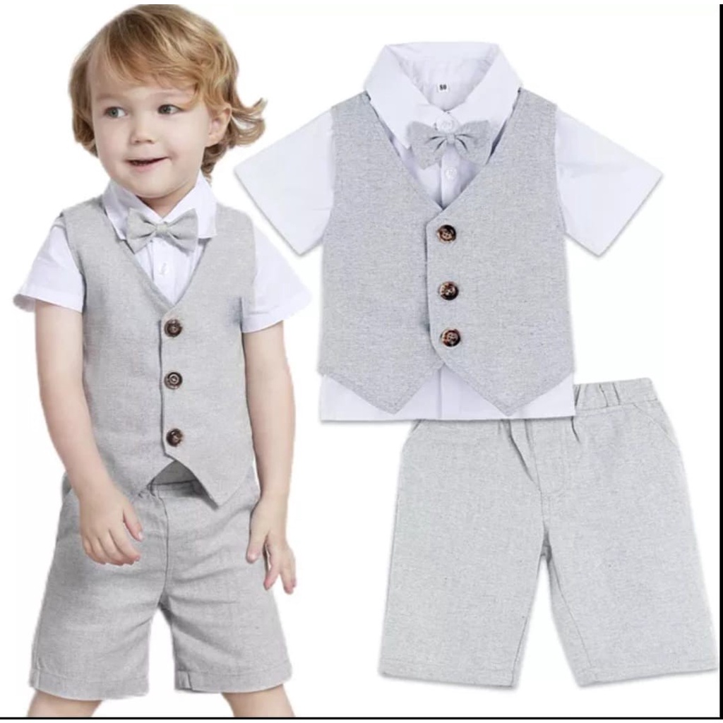 Conjunto Festa Menino Bebe Bermuda Cinza gravata Casamento Pajem 1 a 6 anos