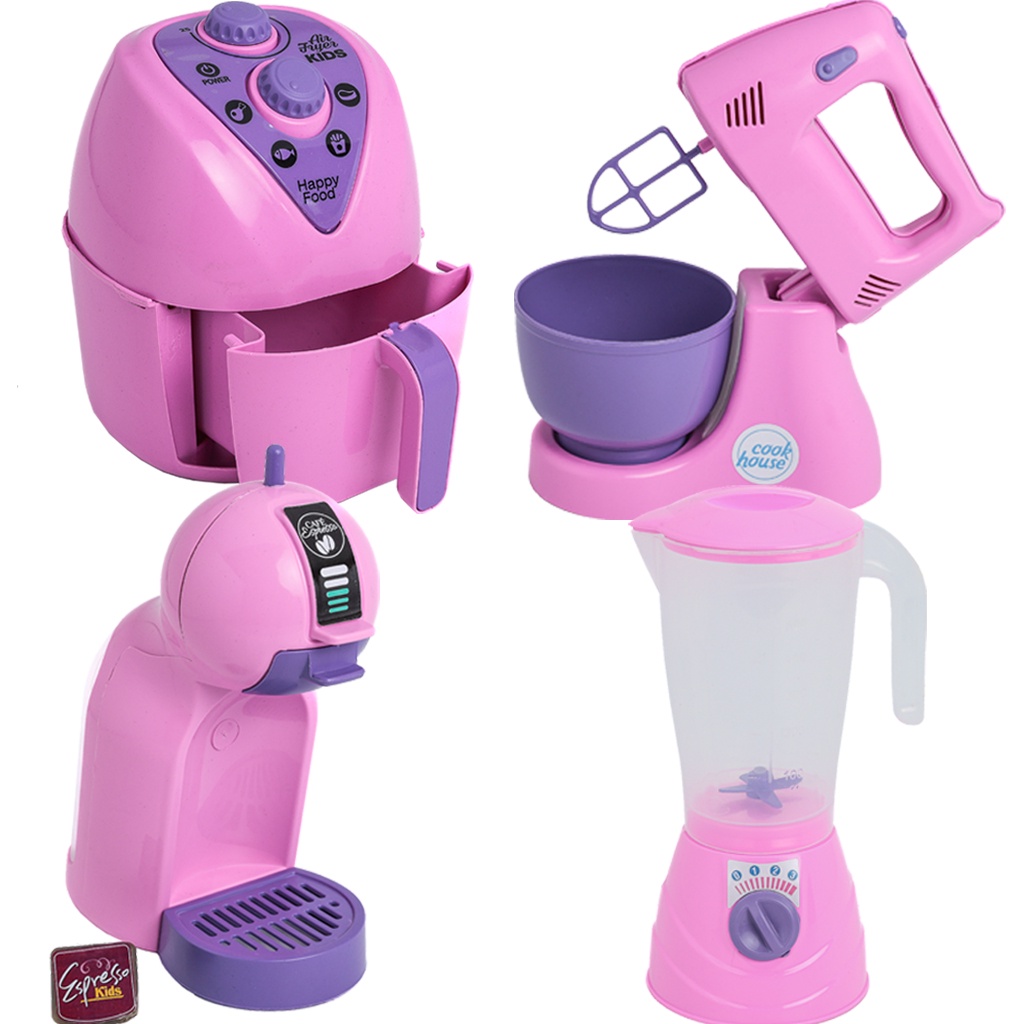Kit com 4 Brinquedos de cozinha Eletrodomésticos - AIR FRYER, CAFETEIRA, LIQUIDIFICADOR E BATEDEIRA De Brinquedo Infantil Faz De Conta - Coleção Play Cooker