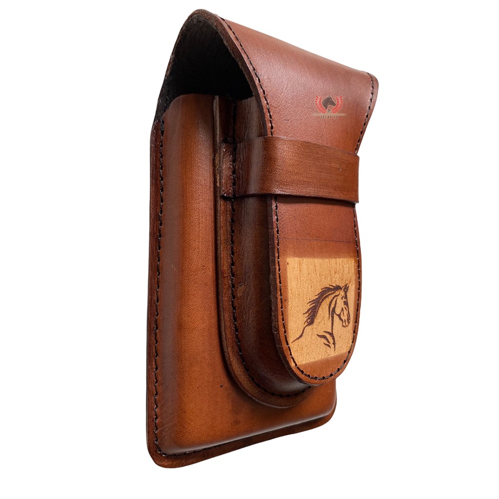 Capa Dupla para Celular e Canivete Bainha de Couro Legítimo Estampa Cavalo C18