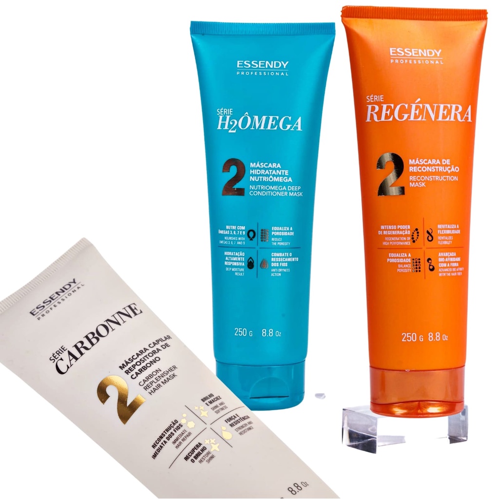 Kit Cronograma Capilar Essendy Completo 250ml - Máscara de Reconstrução Regénera Máscara Repositora Carbonne Máscara Hidratante H2Ômega - Original - Profissional - Salon Line