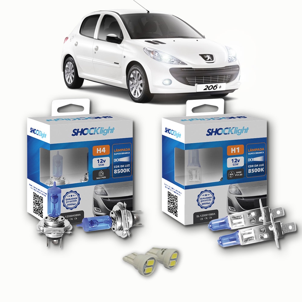 KIT lâmpadas Super brancas + LED T10 Peugeot 206 Farol Simples Farol H4 + milhas H1 8500k