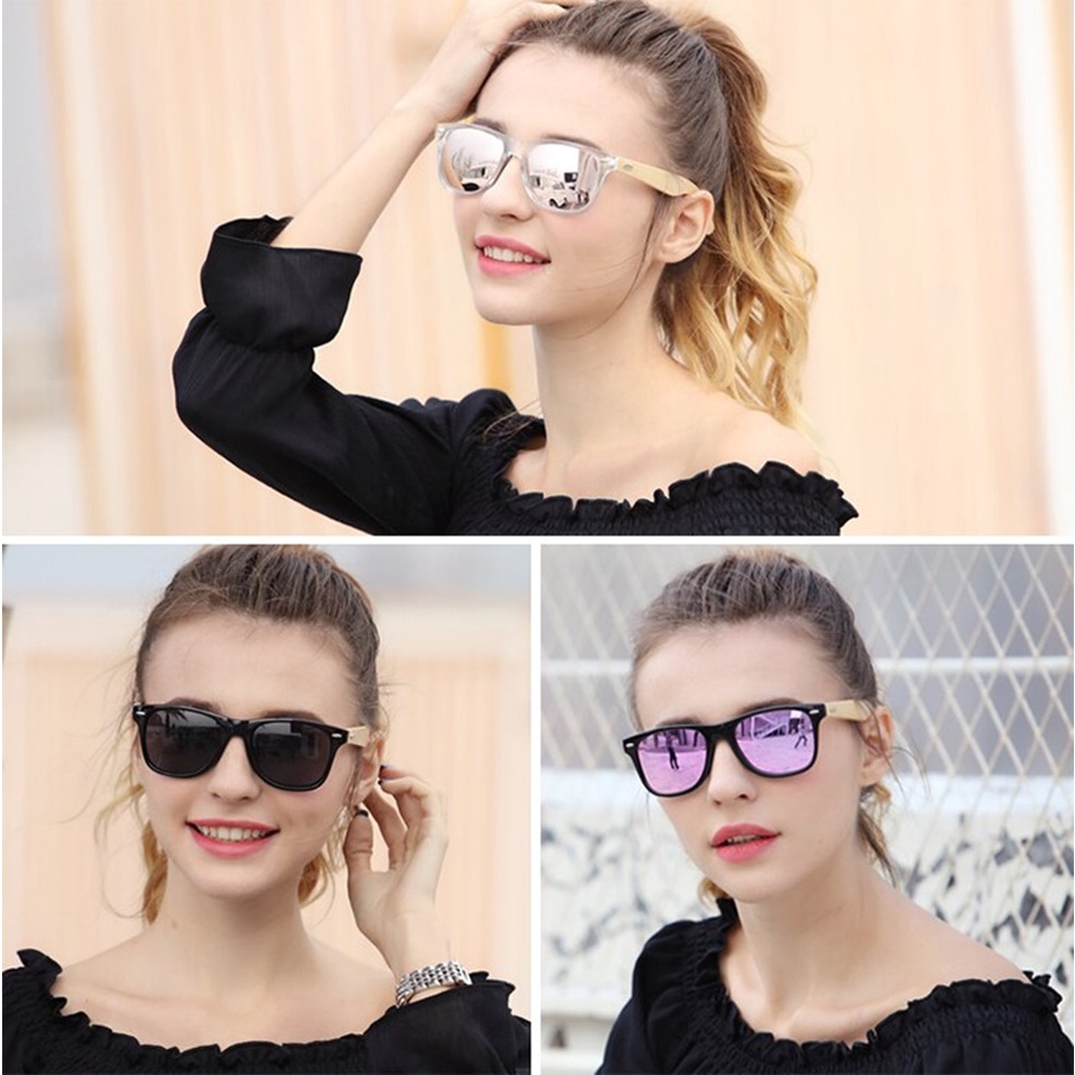 Óculos De Sol Unissex Vintage Preto UV400 Clássico Quadrado Versátil com Hastes de Madeira Bambu