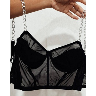 Cropped Feminino POP com Tela Transparente e Forro no Busto – Alça de Corrente em Oferta na Shopee