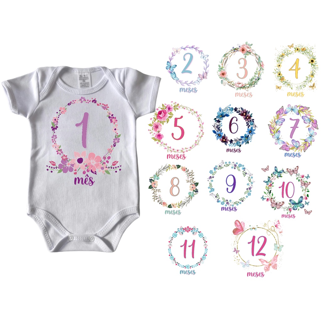 Kit Body Mesversario Borboletas e Rosas 12 Bodies Bebê De1 a12 Meses (SEM NOME)
