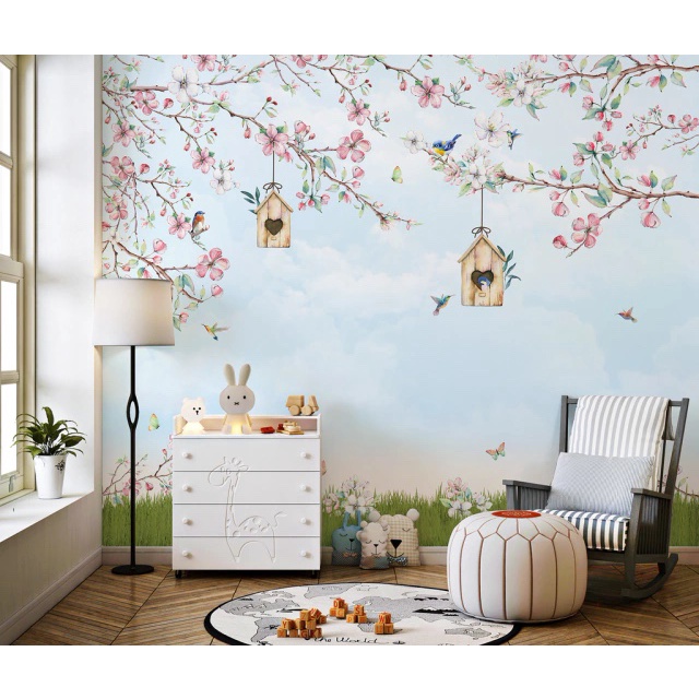 Papel de Parede Galhos e Flores Jardim Rosa Quarto Infantil de Bebê e Criança Personalizado m²