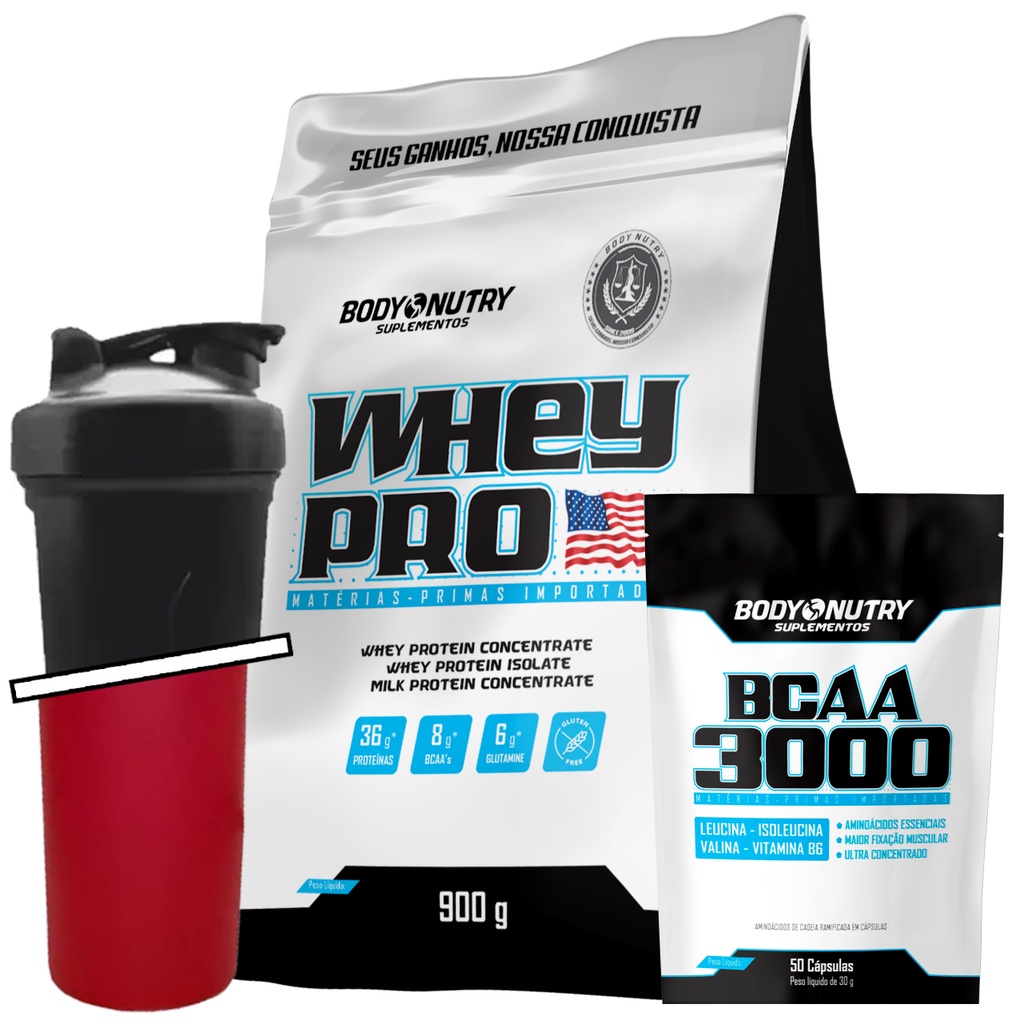 Kit Whey Protein 900g + BCAA 3000 50 Cápsulas + Coqueteleira