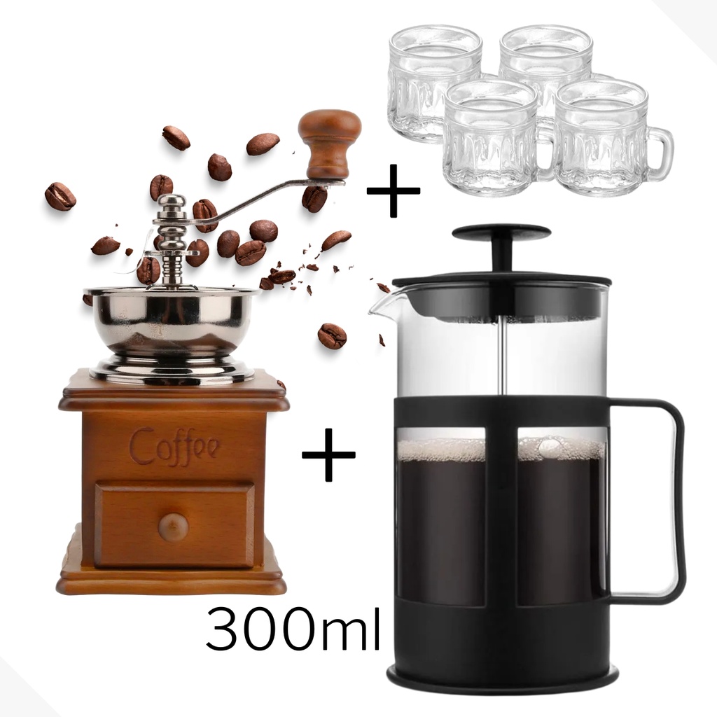 Kit Cafeteira Prensa francesa Moedor de Grãos de Café de manivela e conjunto de 4 xicaras baviera 50ml