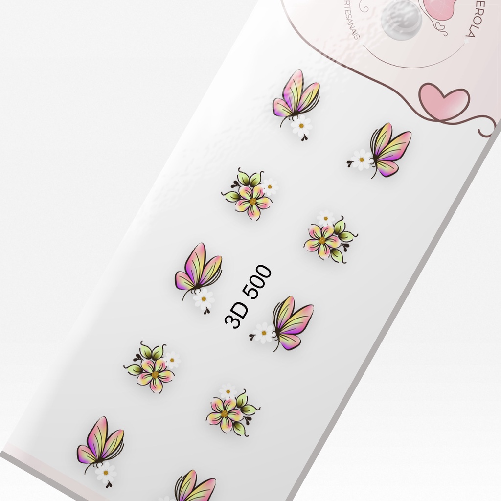 Adesivo de Unha 3D- Borboleta Multicolor e flor-  3D 500 em Oferta na Shopee