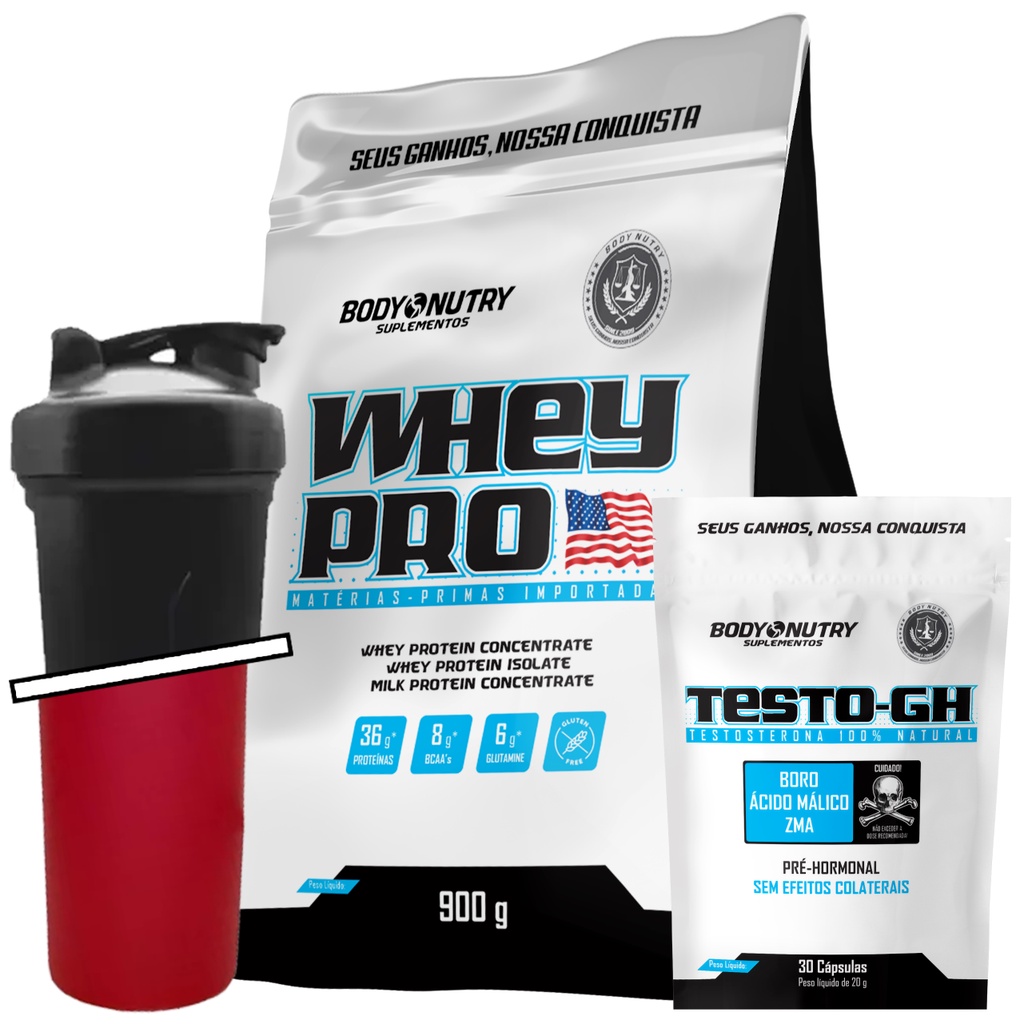 Kit Whey Protein 900g + Testo, 30 Cápsulas + Coqueteleira