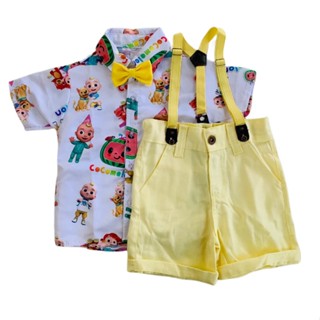 Conjunto COCOMELOM, camisa, gravata, bermuda e suspensório