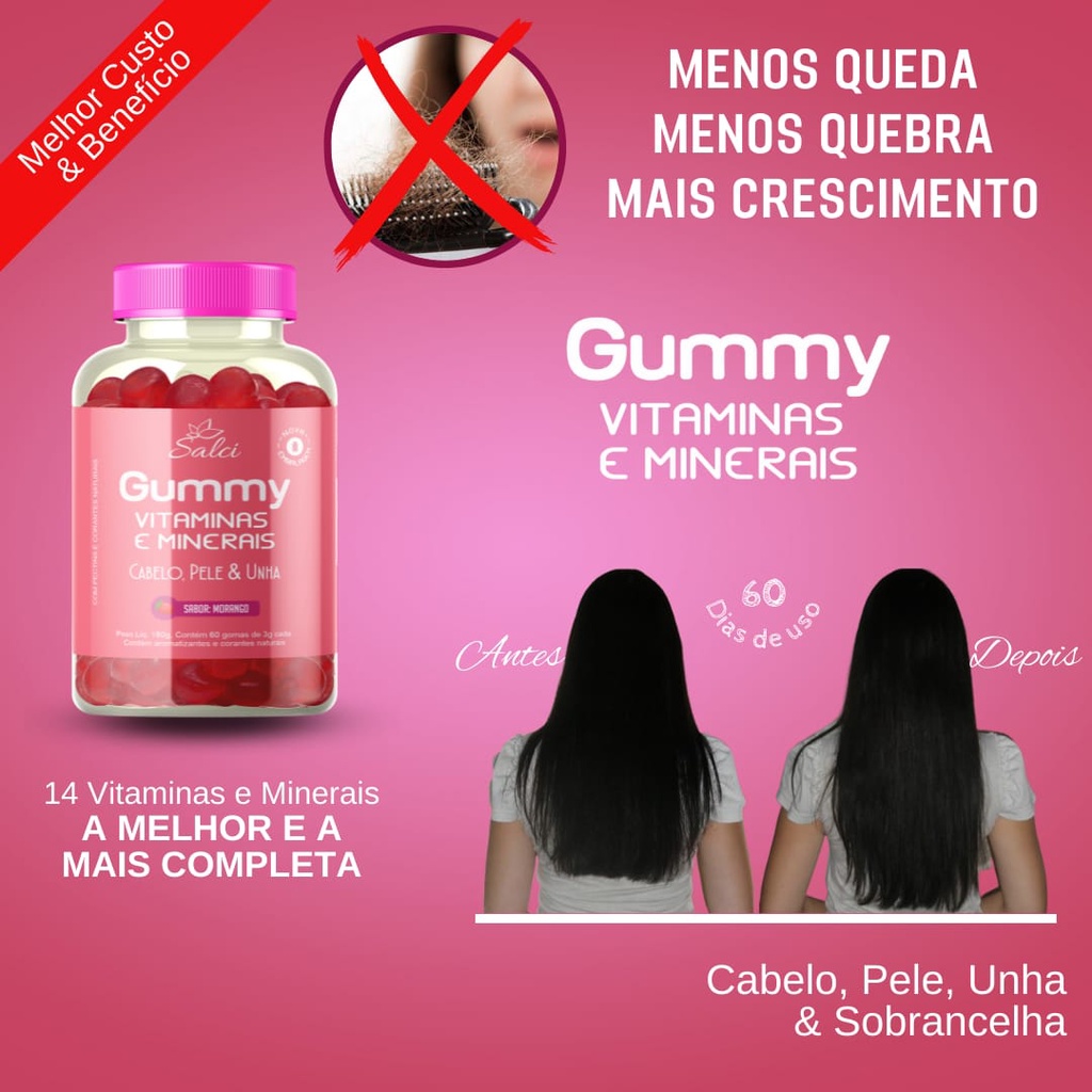 Gummy Vitaminas & Minerais 60 gomas concentrada Tratamento 60 dias cabelos, pele e unha Original Salci