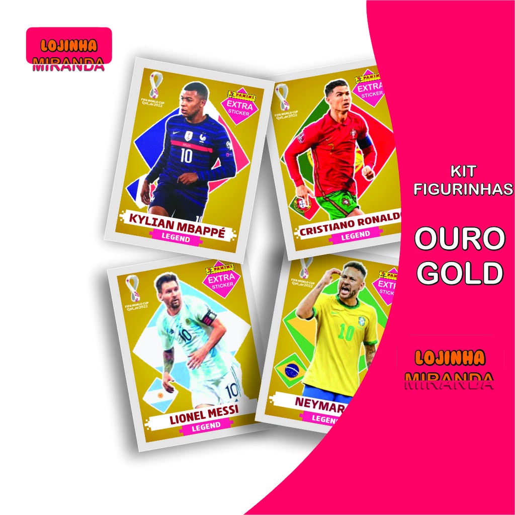 Kit 4 Figurinhas Lendárias Legend Ouro Copa Lionel Messi, Neymar Jr, Cristiano Ronaldo, Mbape