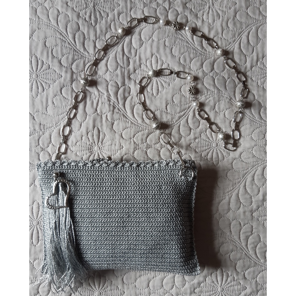 Carteira Clutch - Crochê Prata - Artesanal - Linha Seda