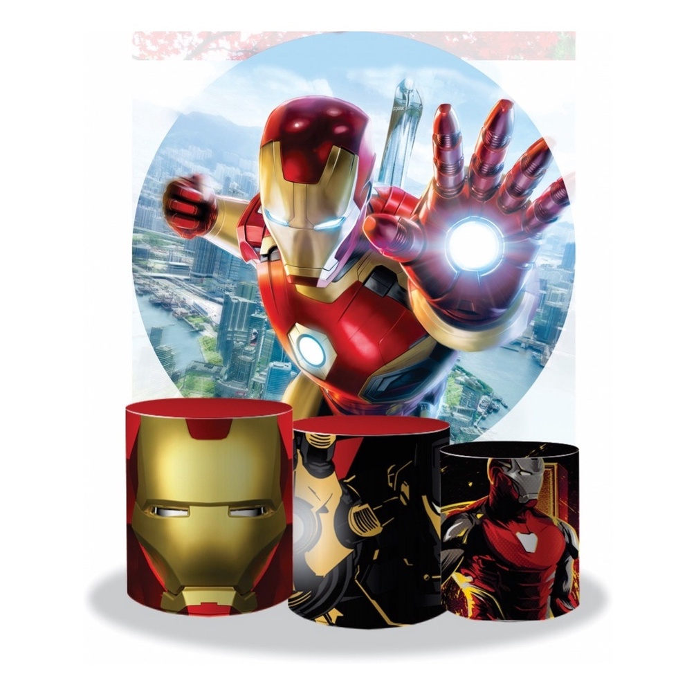 Kit Painel E Trio De Cilindro Tema Homem de Ferro Em Tecido Sublimado 3D