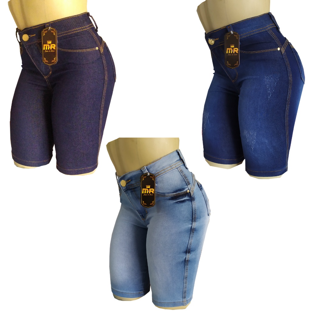 Kit 3 Bermuda Feminina Ciclista Jeans Lycra (Até o Joelho)