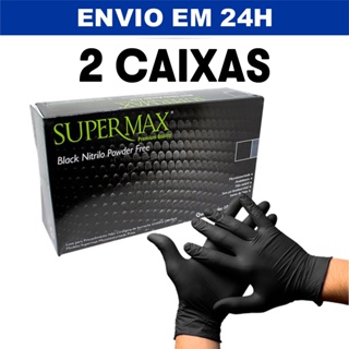 KIT 2 CAIXAS de Luva Preta Procedimento Nitrilica Black Supermax C/100 P/M/G/GG