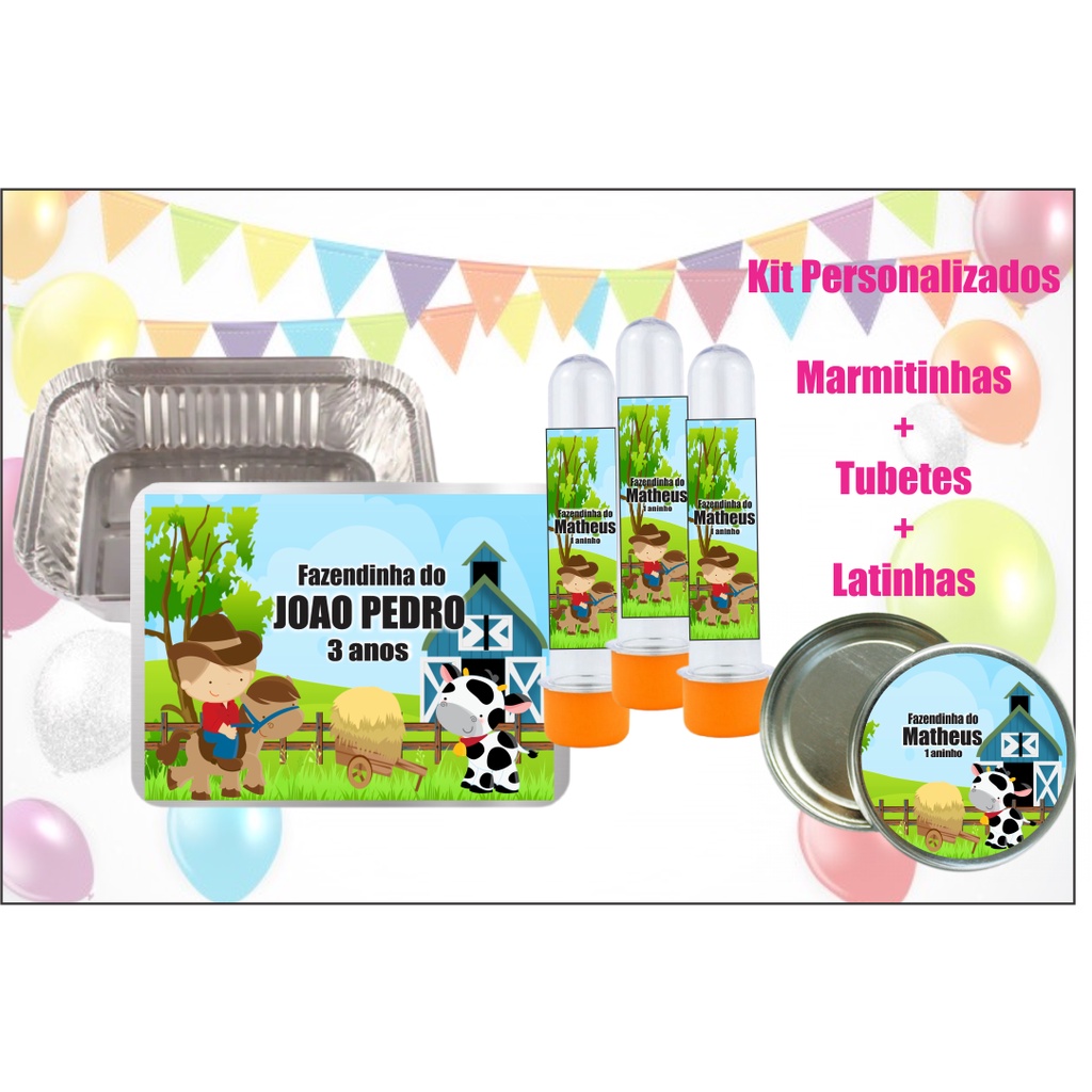 Kit 10 Marmitinhas + 10 Tubetes + 10 Latinhas personalizados em qualquer tema! Perfeitos para qualquer comemoração!