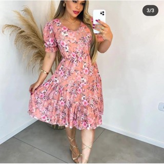 vestido midi estampado floral manga curta moda feminina